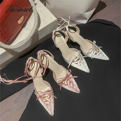 TAVIMART  -  2024 Sweet Stiletto Party Women Shoes Sexy Pointed Toe Ankle Strap Ladies Shoes Slingback Elegant Solid Color Zapatos De Mujer