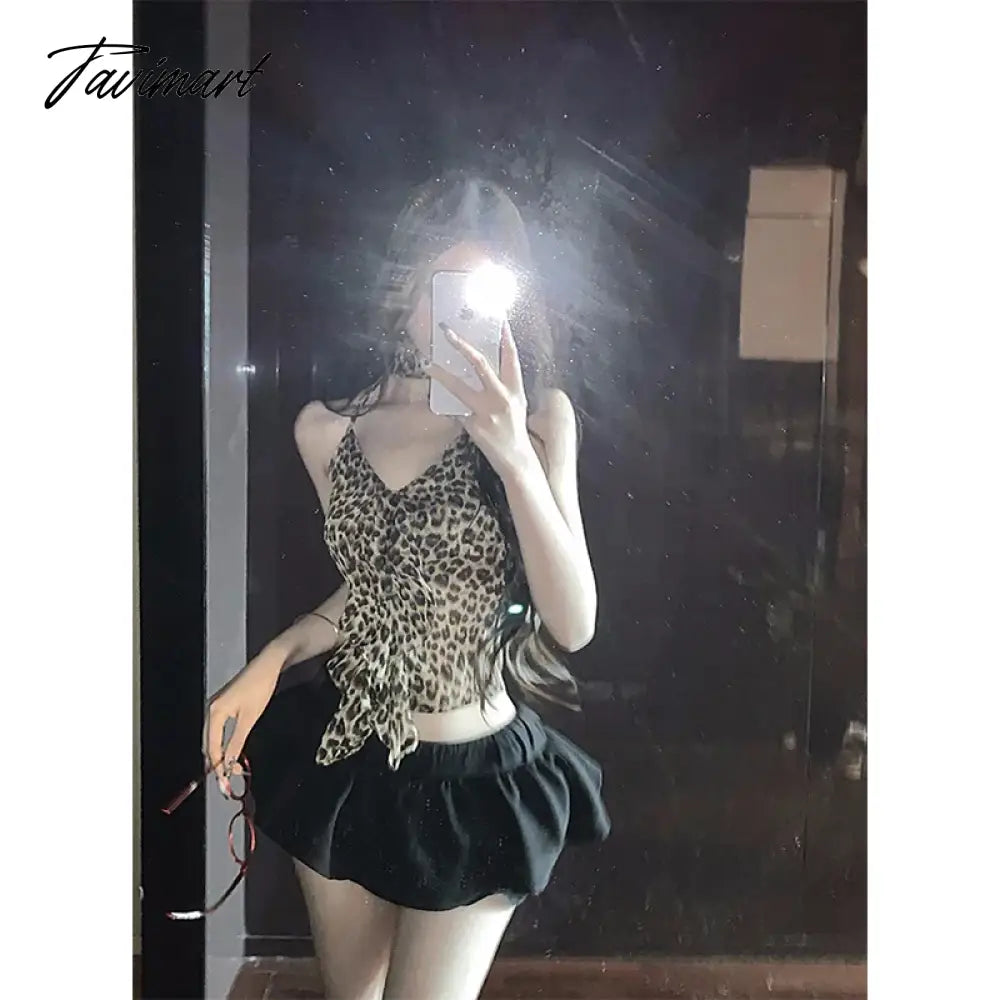 TAVIMART  -  American Retro Leopard Print Backless Sexy Slim Camisole Women 2024 Summer New High Street Ruffled Casual Irregular Crop Tops