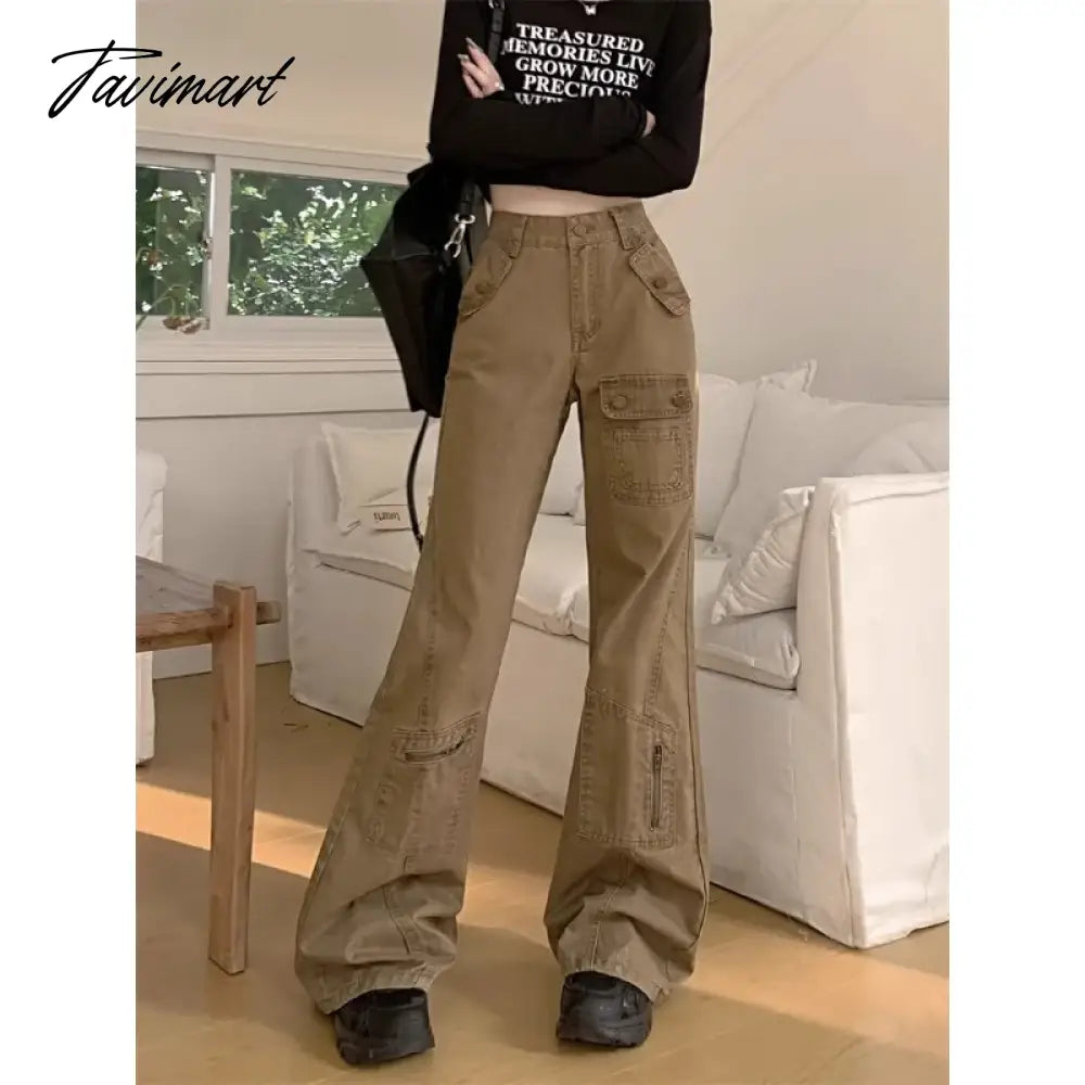 vzyzv American Retro Multi-pocket Casual Denim Cargo Pants Women 2024 Spring New Low Waist All Match Distressed Wide Leg Jeans