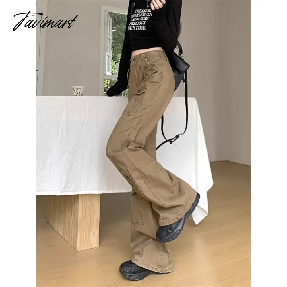 vzyzv American Retro Multi-pocket Casual Denim Cargo Pants Women 2024 Spring New Low Waist All Match Distressed Wide Leg Jeans