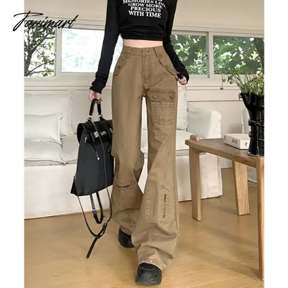 vzyzv American Retro Multi-pocket Casual Denim Cargo Pants Women 2024 Spring New Low Waist All Match Distressed Wide Leg Jeans