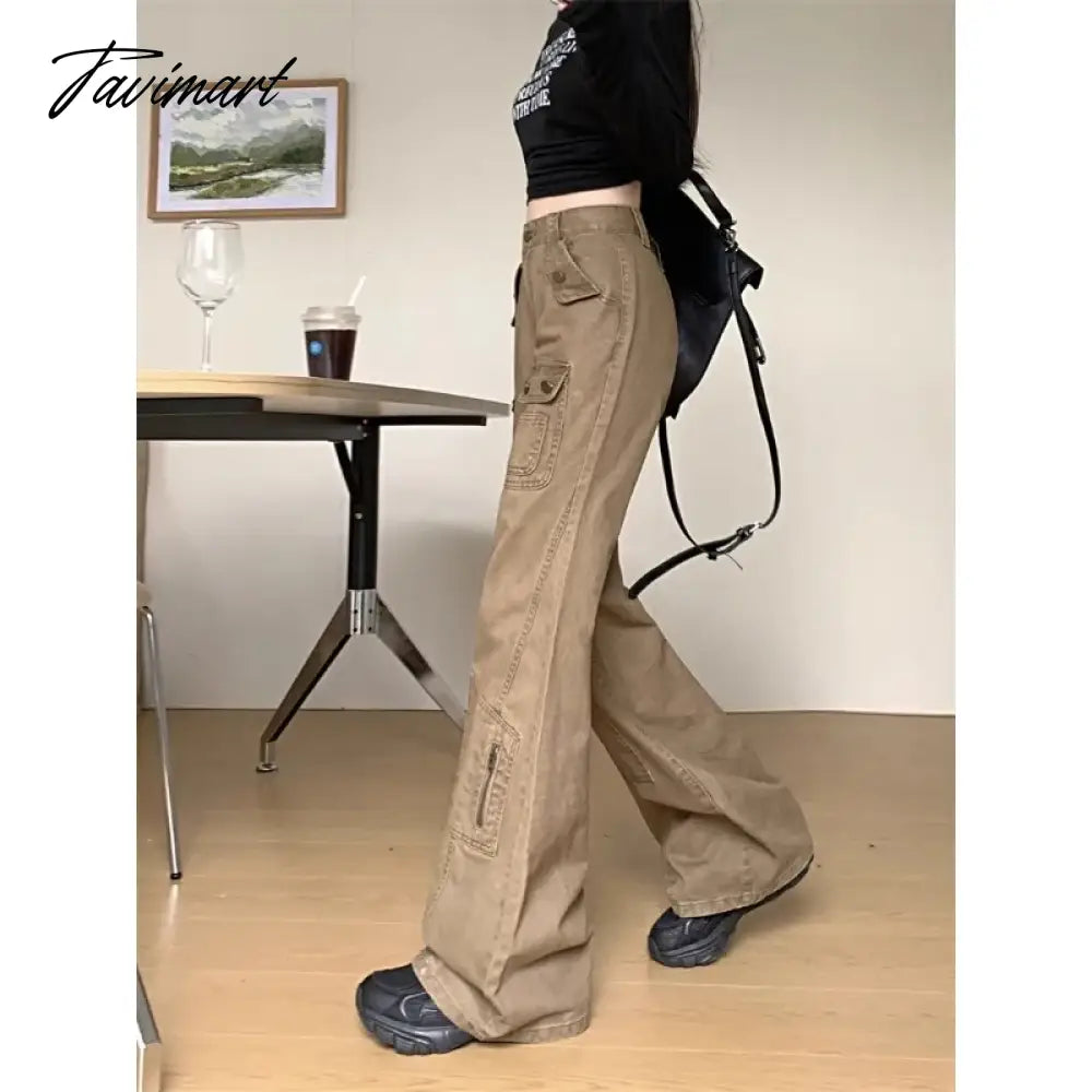 vzyzv American Retro Multi-pocket Casual Denim Cargo Pants Women 2024 Spring New Low Waist All Match Distressed Wide Leg Jeans