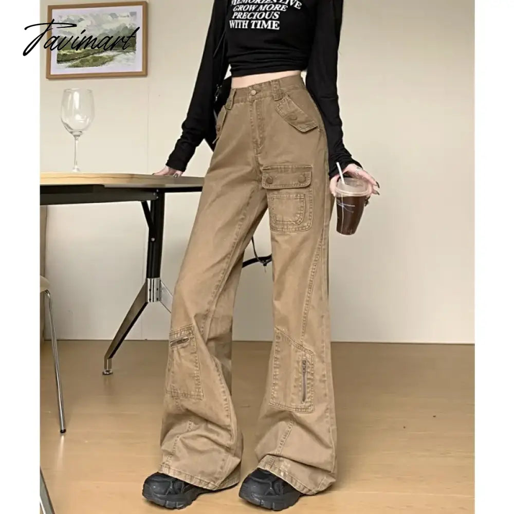 vzyzv American Retro Multi-pocket Casual Denim Cargo Pants Women 2024 Spring New Low Waist All Match Distressed Wide Leg Jeans