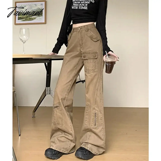 vzyzv American Retro Multi-pocket Casual Denim Cargo Pants Women 2024 Spring New Low Waist All Match Distressed Wide Leg Jeans