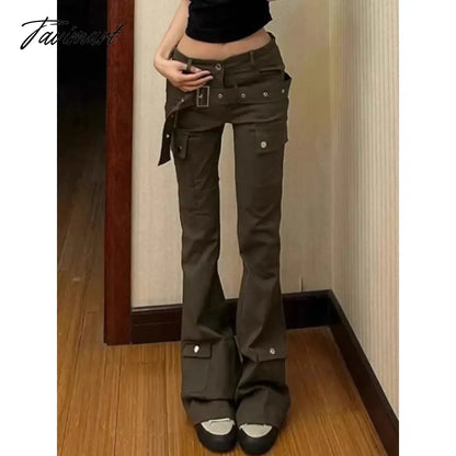 vzyzv American Retro Multi-pocket Casual Denim Cargo Pants Women 2024 Spring New Low Waist Sexy Slim Wide Leg Pants with Belt