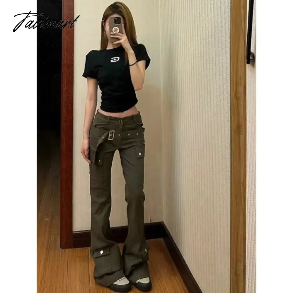 vzyzv American Retro Multi-pocket Casual Denim Cargo Pants Women 2024 Spring New Low Waist Sexy Slim Wide Leg Pants with Belt