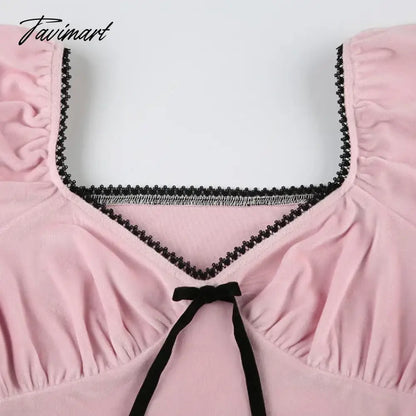 TAVIMART -  American Sexy V-neck Bow T-shirts Y2k E-Girl Crop Top Slim Fit Lace Pink Tee Shirt 2024 Summer New Short Sleeve Tops Women