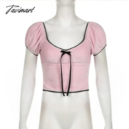 TAVIMART -  American Sexy V-neck Bow T-shirts Y2k E-Girl Crop Top Slim Fit Lace Pink Tee Shirt 2024 Summer New Short Sleeve Tops Women