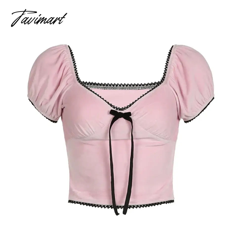 TAVIMART -  American Sexy V-neck Bow T-shirts Y2k E-Girl Crop Top Slim Fit Lace Pink Tee Shirt 2024 Summer New Short Sleeve Tops Women