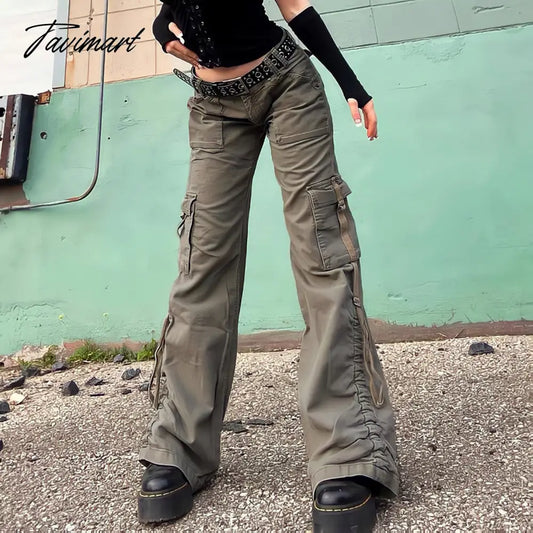 vzyzv American Style Green Cargo Pants Women Vintage 90s Fashion Pocket Low Rise Jeans Y2k Streetwear Drawstring Baggy Mopping Trouser