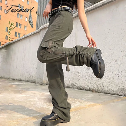 vzyzv American Style Green Cargo Pants Women Vintage 90s Fashion Pocket Low Rise Jeans Y2k Streetwear Drawstring Baggy Mopping Trouser