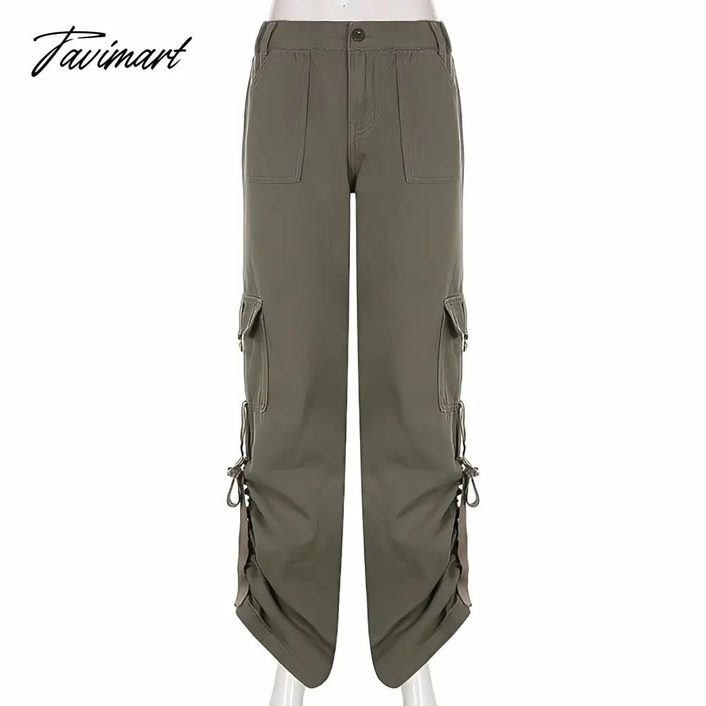 vzyzv American Style Green Cargo Pants Women Vintage 90s Fashion Pocket Low Rise Jeans Y2k Streetwear Drawstring Baggy Mopping Trouser