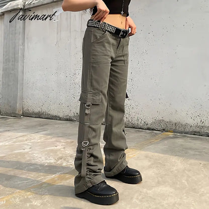 vzyzv American Style Green Cargo Pants Women Vintage 90s Fashion Pocket Low Rise Jeans Y2k Streetwear Drawstring Baggy Mopping Trouser