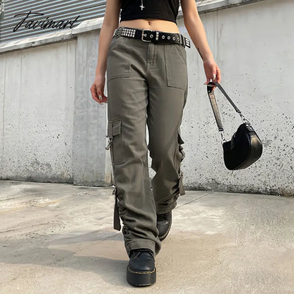 vzyzv American Style Green Cargo Pants Women Vintage 90s Fashion Pocket Low Rise Jeans Y2k Streetwear Drawstring Baggy Mopping Trouser