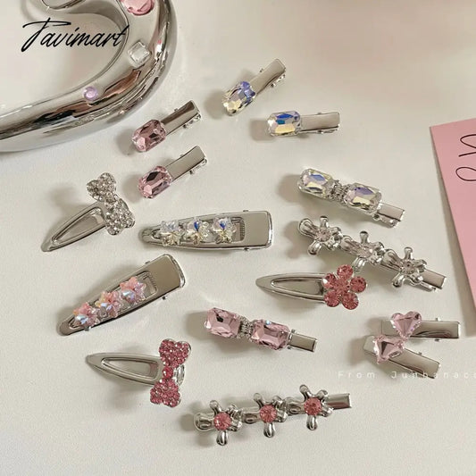 TAVIMART -  American Sweetheart Pink Heart Shape Rhinestone Barrettes Sweet Cool Girl Metal Bangs Side Clip New hair clips  Headwear