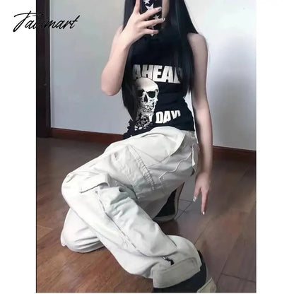 vzyzv American Y2K White Vintage Cargo Jeans Fashion Pocket High Waist Straight Pants High Street Baggy Wide Leg Denim Trouser Ladies