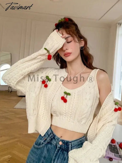 Tavimart  Autumn Knitted Sweet Cardigan Women Japanese Designer Cherry Chic Cardigan Female Korean Fashion Two-piece Casual Sweater