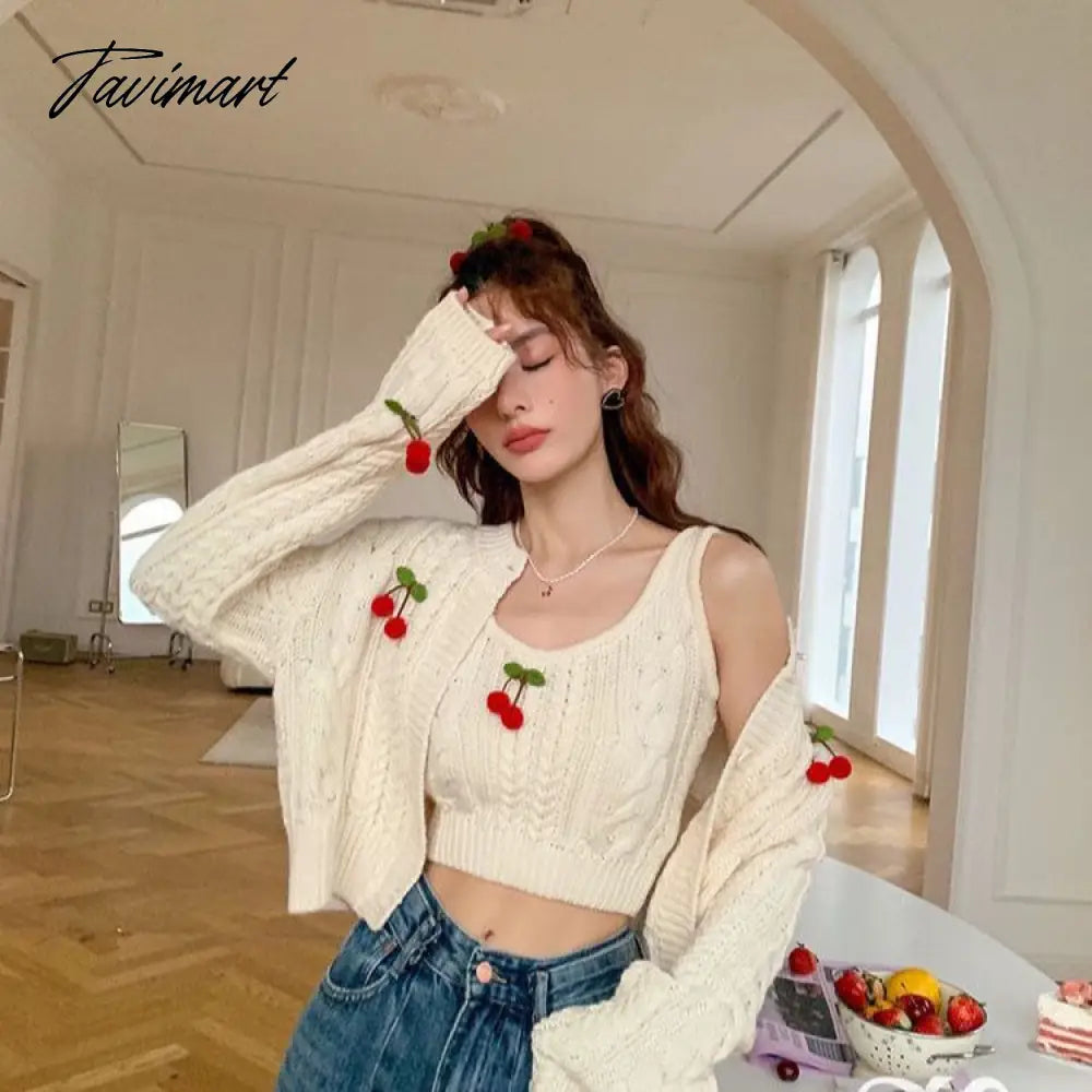 Tavimart  Autumn Knitted Sweet Cardigan Women Japanese Designer Cherry Chic Cardigan Female Korean Fashion Two-piece Casual Sweater