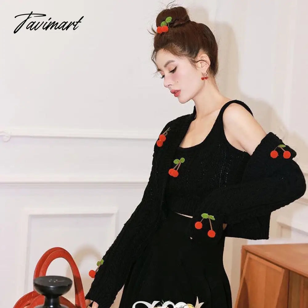 Tavimart  Autumn Knitted Sweet Cardigan Women Japanese Designer Cherry Chic Cardigan Female Korean Fashion Two-piece Casual Sweater