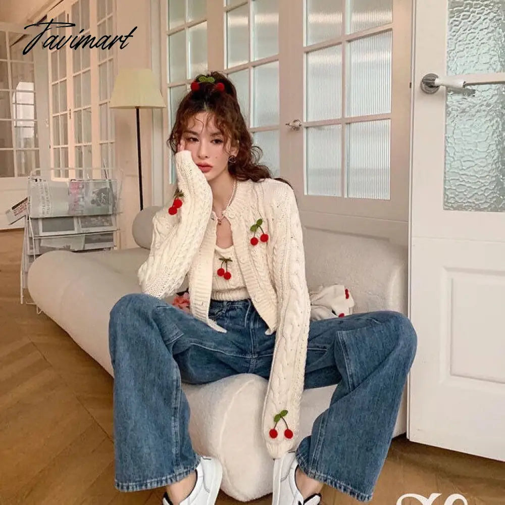 Tavimart  Autumn Knitted Sweet Cardigan Women Japanese Designer Cherry Chic Cardigan Female Korean Fashion Two-piece Casual Sweater