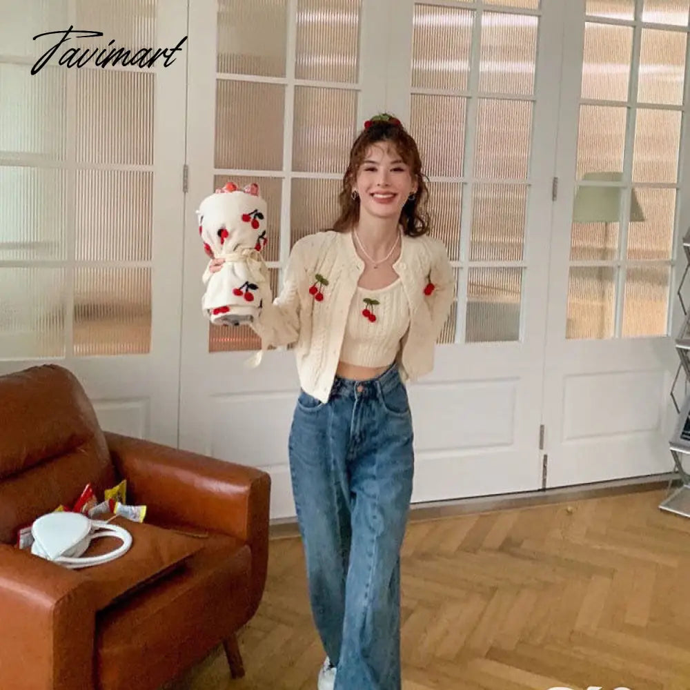 Tavimart  Autumn Knitted Sweet Cardigan Women Japanese Designer Cherry Chic Cardigan Female Korean Fashion Two-piece Casual Sweater