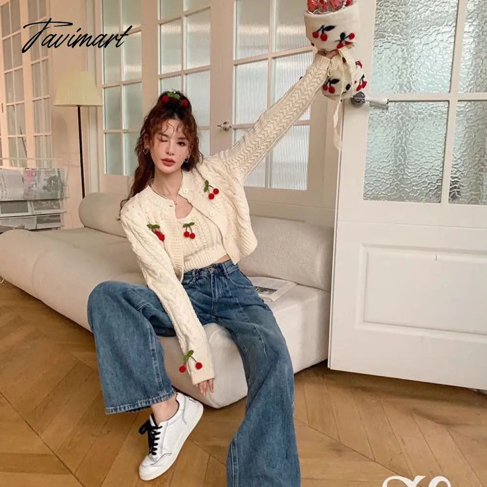 Tavimart  Autumn Knitted Sweet Cardigan Women Japanese Designer Cherry Chic Cardigan Female Korean Fashion Two-piece Casual Sweater