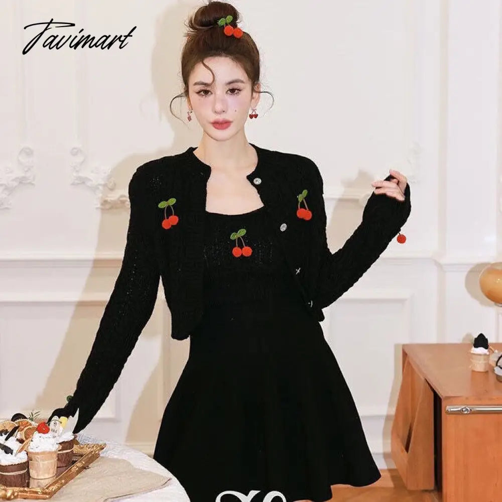 Tavimart  Autumn Knitted Sweet Cardigan Women Japanese Designer Cherry Chic Cardigan Female Korean Fashion Two-piece Casual Sweater