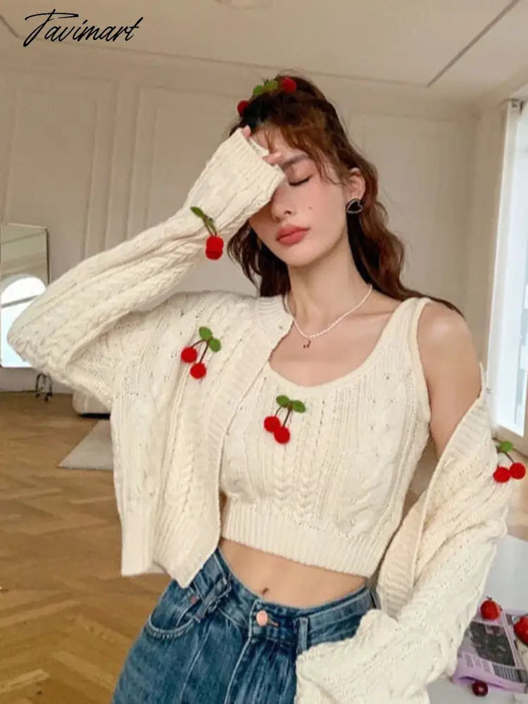 Tavimart  Autumn Knitted Sweet Cardigan Women Japanese Designer Cherry Chic Cardigan Female Korean Fashion Two-piece Casual Sweater