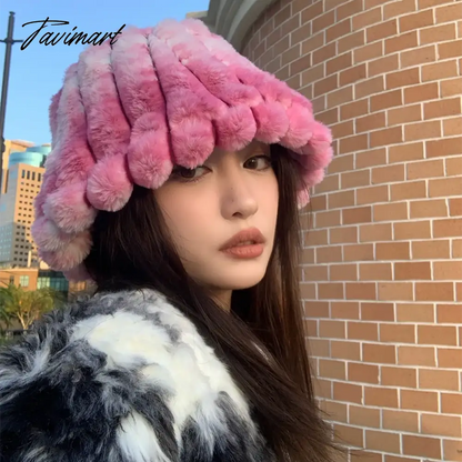 Tavimart Autumn/Winter New Mixed Color Plush Lampholder Fisherman Hat Women's Korean Designer Wide Plush Bucket Hat