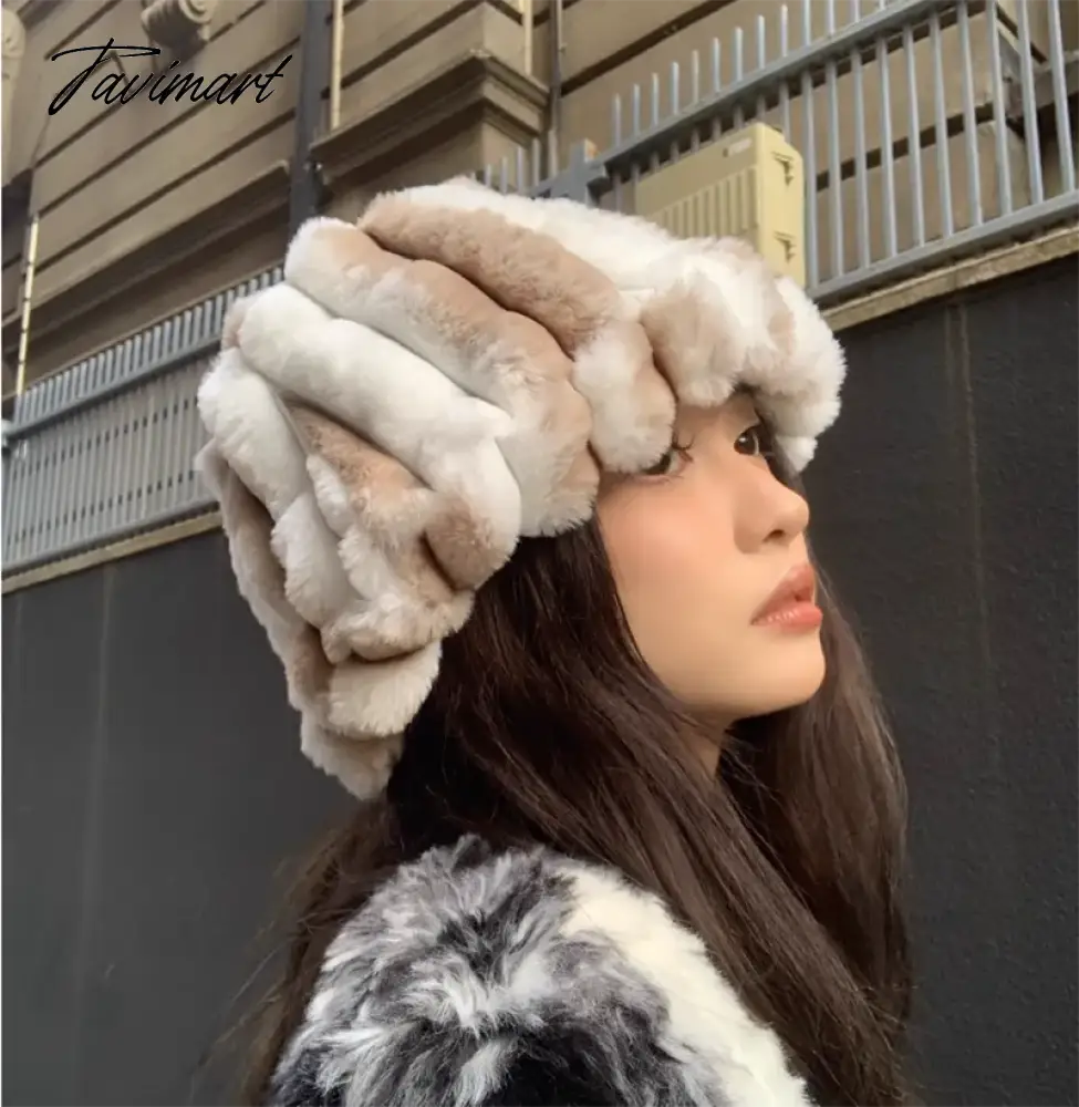 Tavimart Autumn/Winter New Mixed Color Plush Lampholder Fisherman Hat Women's Korean Designer Wide Plush Bucket Hat