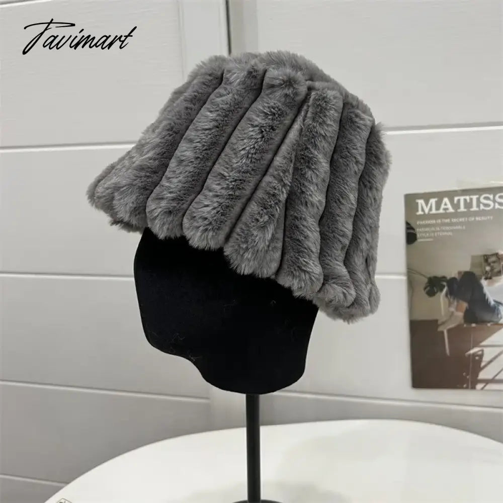 Tavimart Autumn/Winter New Mixed Color Plush Lampholder Fisherman Hat Women's Korean Designer Wide Plush Bucket Hat