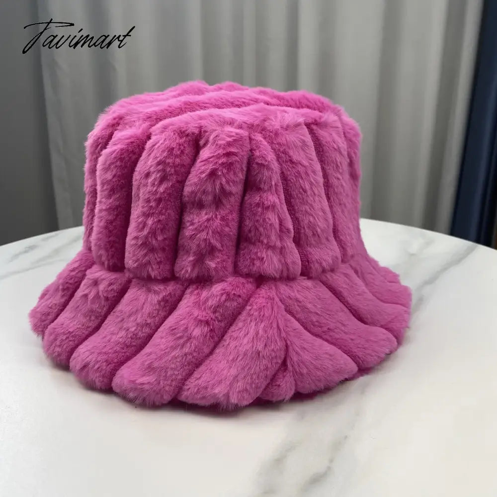 Tavimart Autumn/Winter New Mixed Color Plush Lampholder Fisherman Hat Women's Korean Designer Wide Plush Bucket Hat