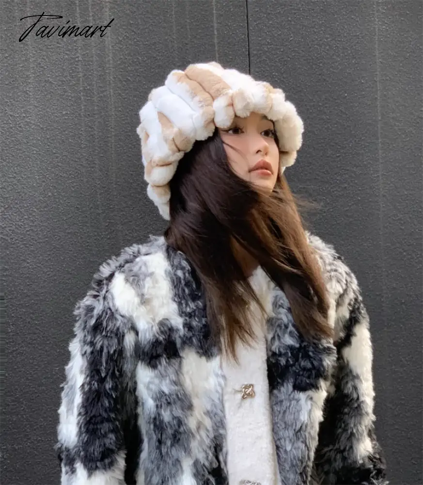 Tavimart Autumn/Winter New Mixed Color Plush Lampholder Fisherman Hat Women's Korean Designer Wide Plush Bucket Hat