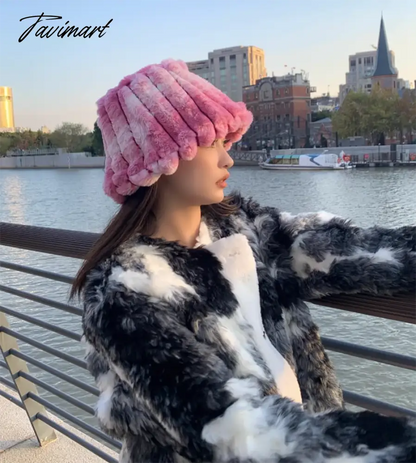 Tavimart Autumn/Winter New Mixed Color Plush Lampholder Fisherman Hat Women's Korean Designer Wide Plush Bucket Hat