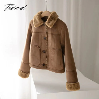 vzyzv Autumn Winter Women Fake Faux Fur Brown Jacket Ladies Single Breasted Bottons Leather Coat Retro Female Thick Outwear Mujer