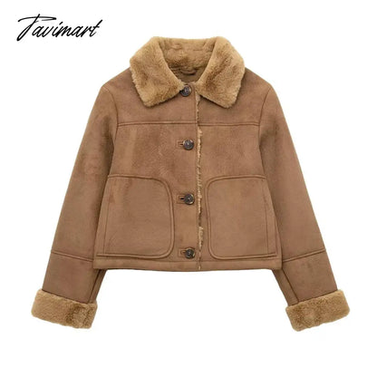 vzyzv Autumn Winter Women Fake Faux Fur Brown Jacket Ladies Single Breasted Bottons Leather Coat Retro Female Thick Outwear Mujer