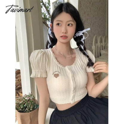 Tavimart Backless Lace-up Design Tees Puff Sleeved T-shirts O Neck Crop Y2k Tops Summer Camisetas Korean Fashion Ropa De Mujer