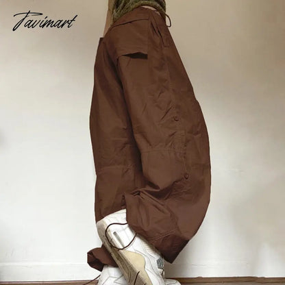 vzyzv Baggy Cargo Parachute Pants Y2k Jogger Trousers Brown Wide Leg Retro Old School Hip Hop Adjustable Button For Ladies Women Fall