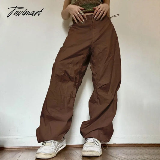 vzyzv Baggy Cargo Parachute Pants Y2k Jogger Trousers Brown Wide Leg Retro Old School Hip Hop Adjustable Button For Ladies Women Fall