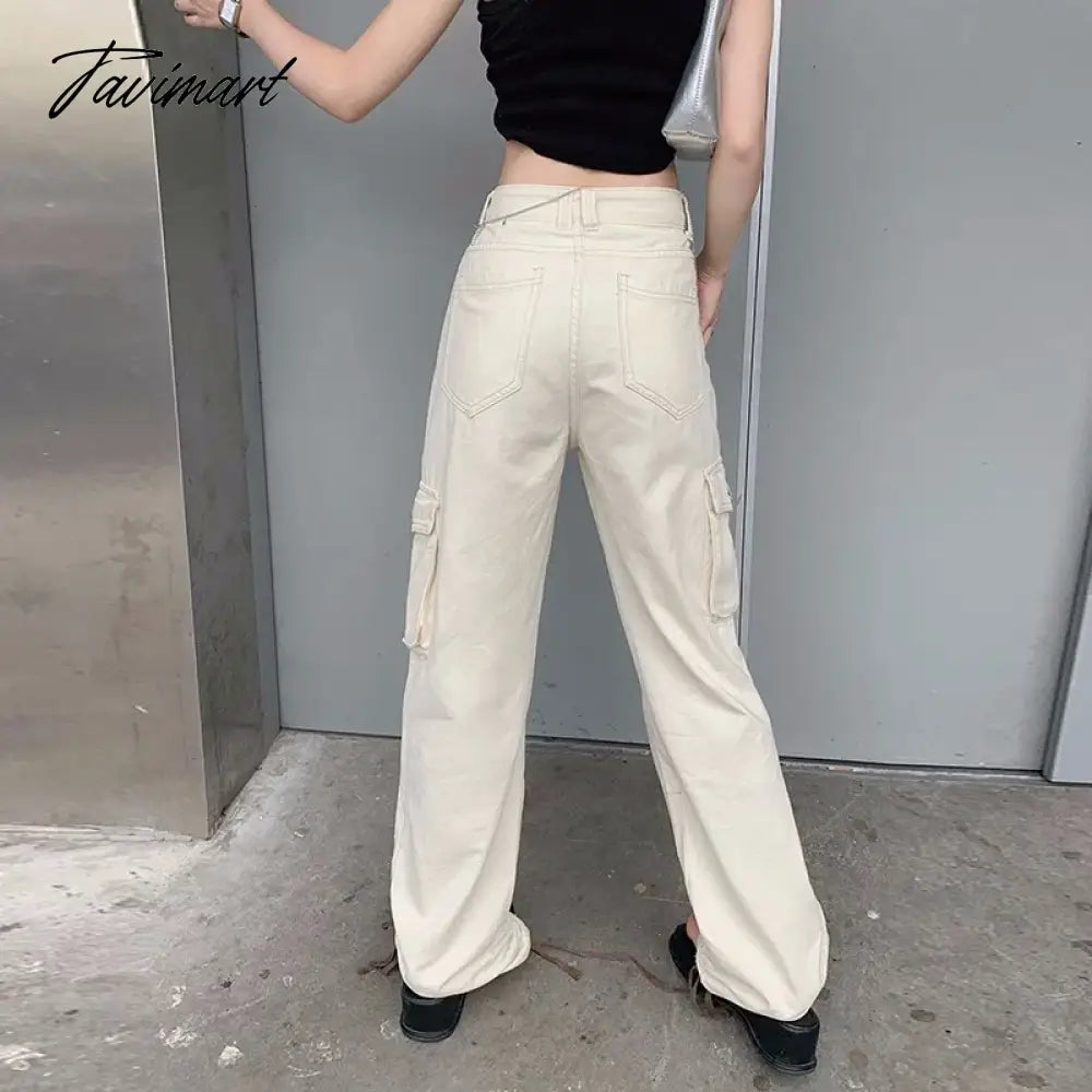 TAVIMART  -  Baggy Jeans Army Green Cargo Pants Women Fashion Streetwear Pockets Straight High Waist Casual Vintage Denim Trousers Overalls