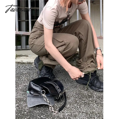 TAVIMART  -  Baggy Jeans Army Green Cargo Pants Women Fashion Streetwear Pockets Straight High Waist Casual Vintage Denim Trousers Overalls