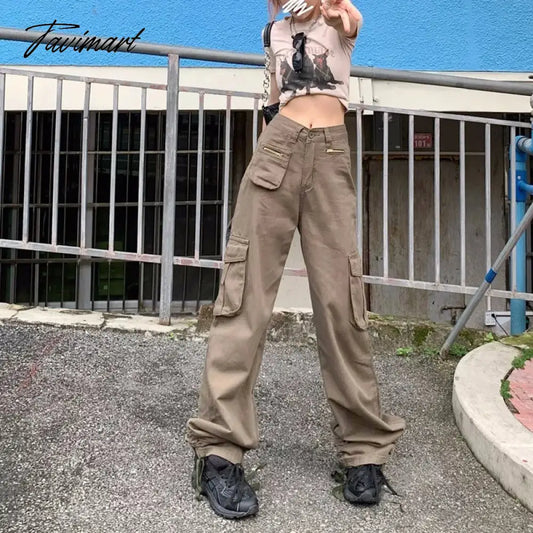 TAVIMART  -  Baggy Jeans Army Green Cargo Pants Women Fashion Streetwear Pockets Straight High Waist Casual Vintage Denim Trousers Overalls