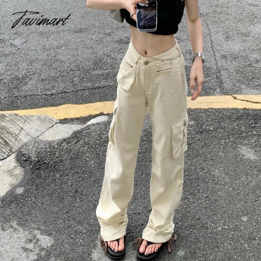 TAVIMART  -  Baggy Jeans Army Green Cargo Pants Women Fashion Streetwear Pockets Straight High Waist Casual Vintage Denim Trousers Overalls