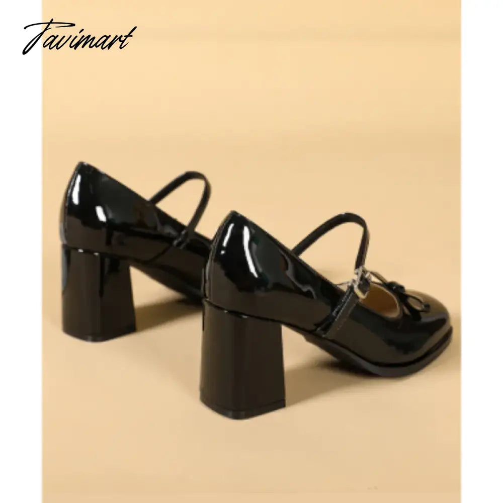 vzyzv Black bow retro high heels Mary Jane College women's single shoes