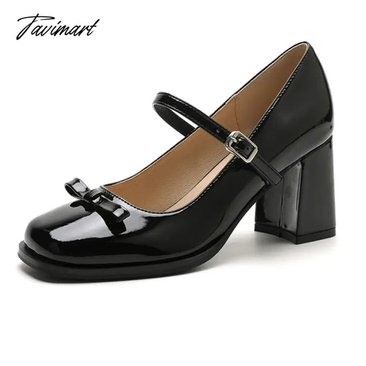 vzyzv Black bow retro high heels Mary Jane College women's single shoes