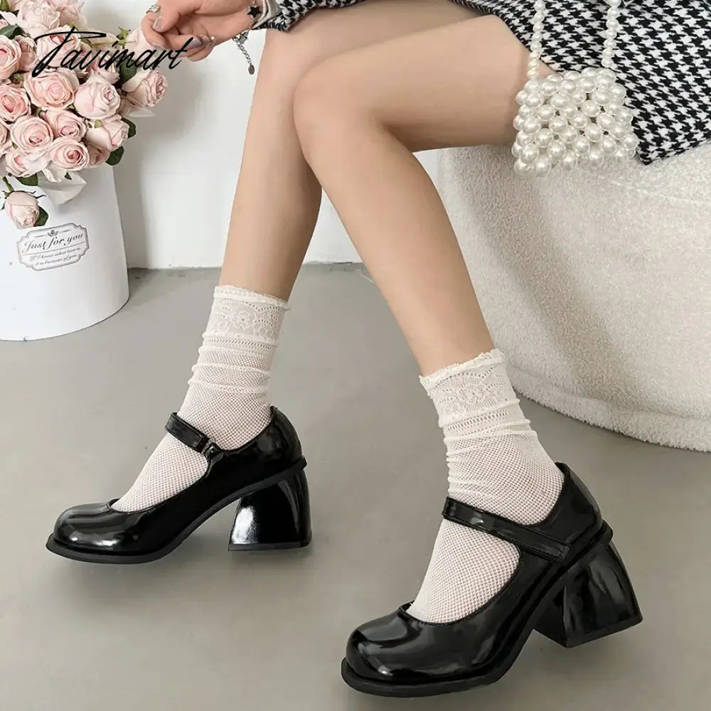 vzyzv Black round toe retro high rise thick heeled PU leather shoes for women in autumn and winter womens shoes pumps