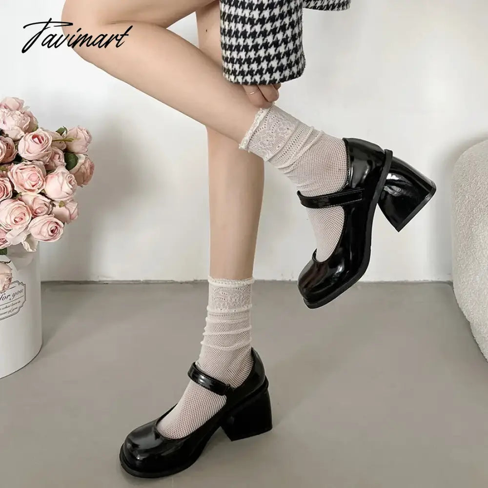 vzyzv Black round toe retro high rise thick heeled PU leather shoes for women in autumn and winter womens shoes pumps