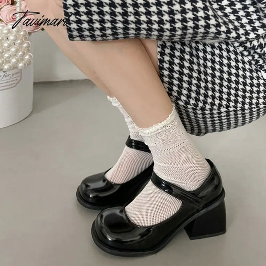 vzyzv Black round toe retro high rise thick heeled PU leather shoes for women in autumn and winter womens shoes pumps