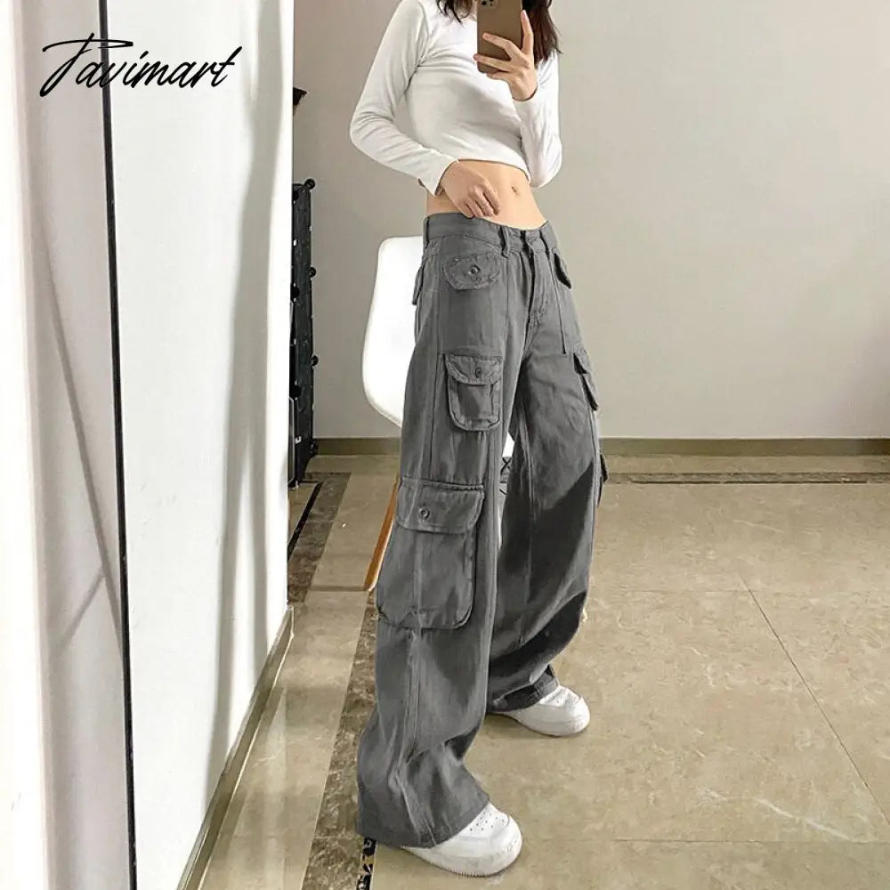 vzyzv  Casual Pocket Overalls Straight Oversized Pants Retro Harajuku Low Waist Longwide Leg Pants Loose Jeans Streetwear Women