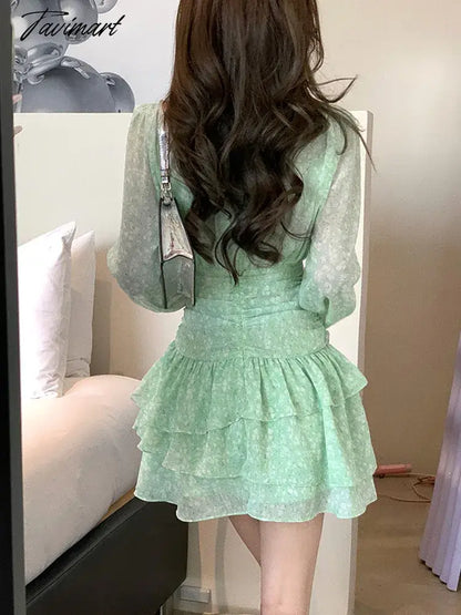 vzyzvChiffon Dress for Women Long Sleeve Streetwear Party Dress Slim Fit Sweet Floral Mini V Neck New Spring Summer Dress